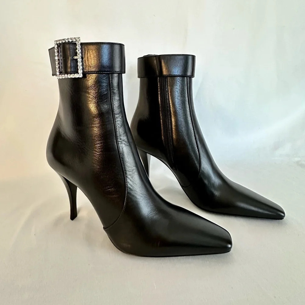 Saint Laurent Tom Goatskin Leather Ankle Booties Size 36.5 NIB Black Almond Toe
